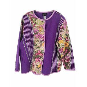 Koos Mixed Printed QUilted Jacket Silk Linen Cotton Sz 1X Purple